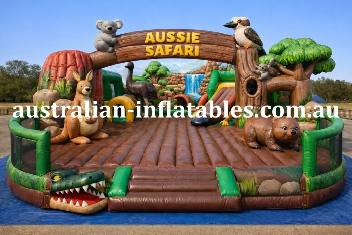 Large Australian-themed inflatable bounce arena with a safari entrance arch, kangaroo, koalas, crocodile, kookaburra, emu, trees and outback scenery, branded with “Aussie Safari” and “australian-inflatables.com.au”.
