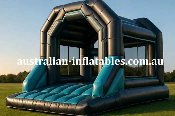 Futuristic black and teal inflatable Cyber-Bouncer jumping castle with arched entrance, mesh side walls and spacious bounce area on grass.